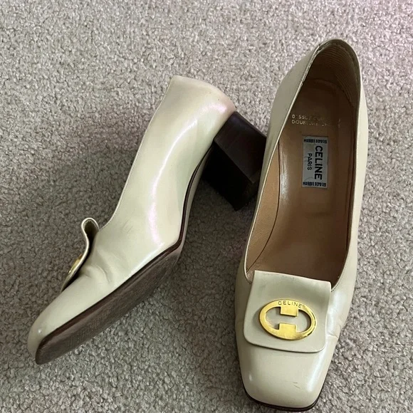 Celine Cream Leather Square-Toe Pumps with Gold Logo Plaque - Picture 8 of 12